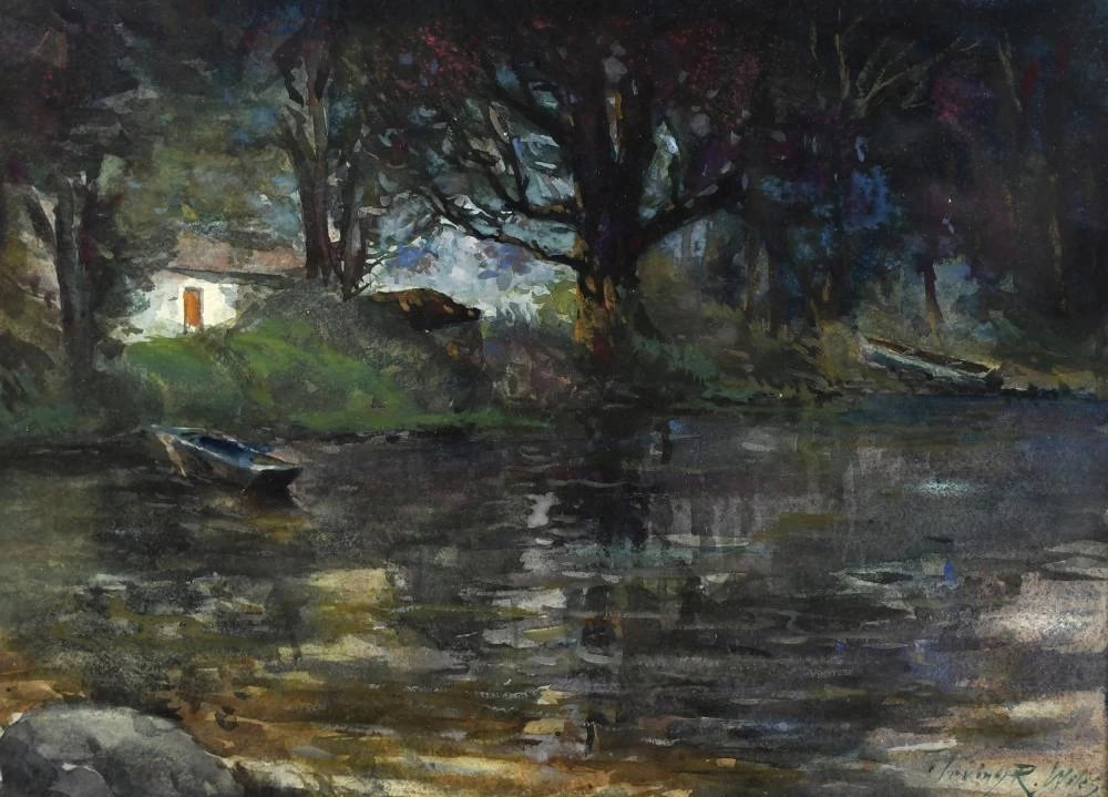 Scena di lago con una barca a remi e un cottage dipinto di bianco